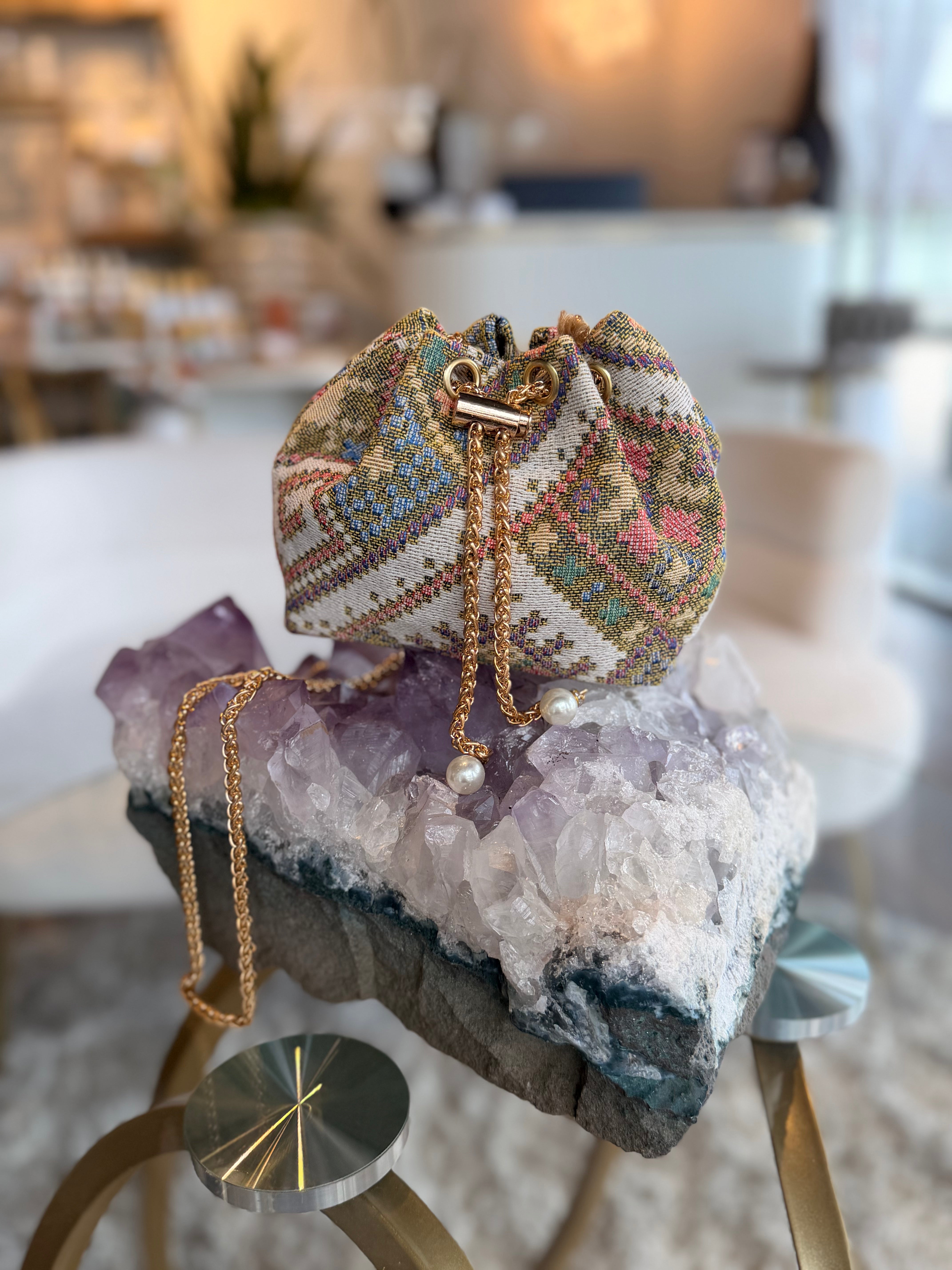 Embroidered Drawstring Handbag with Gold Chain Strap