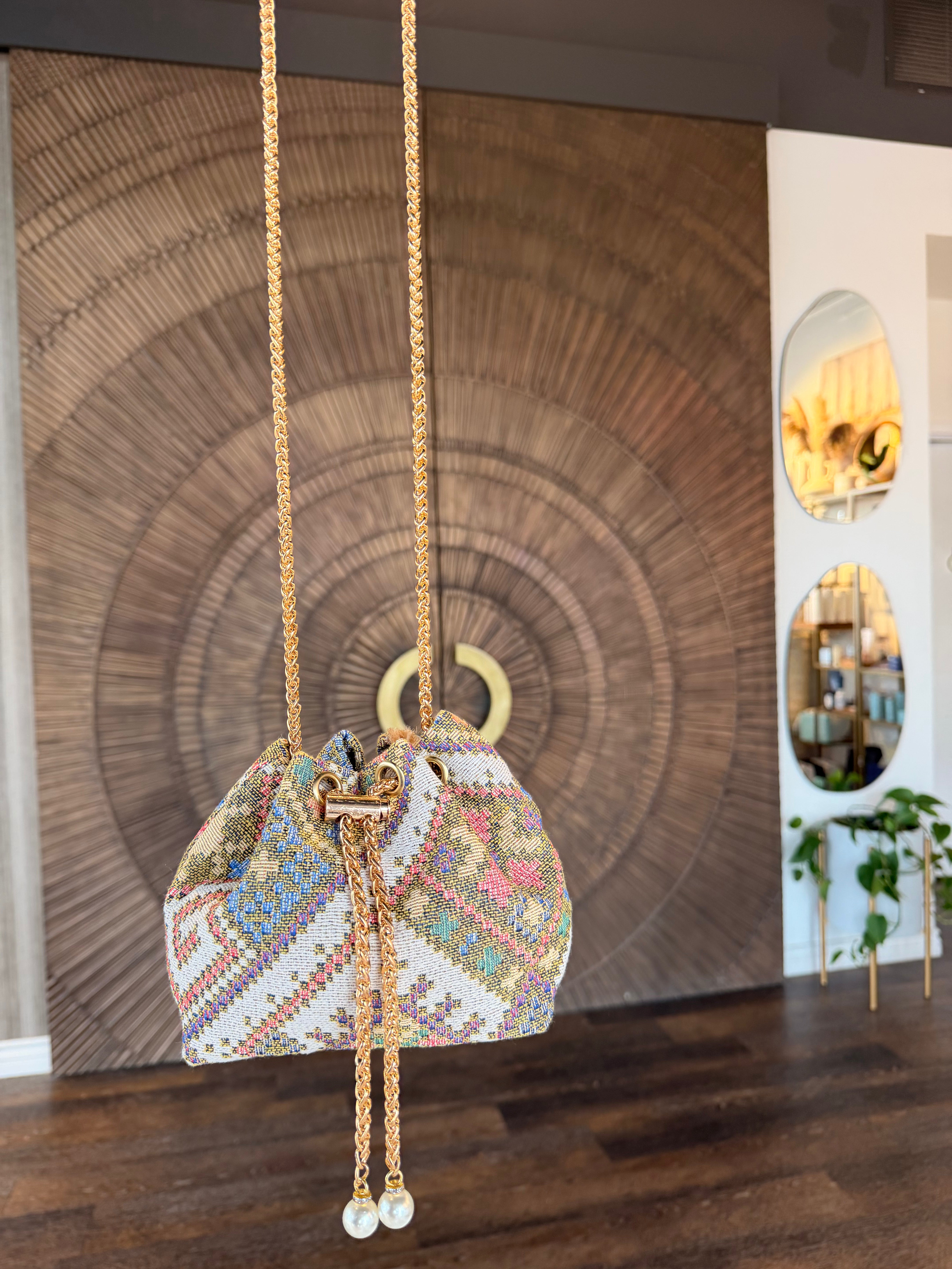 Embroidered Drawstring Handbag with Gold Chain Strap