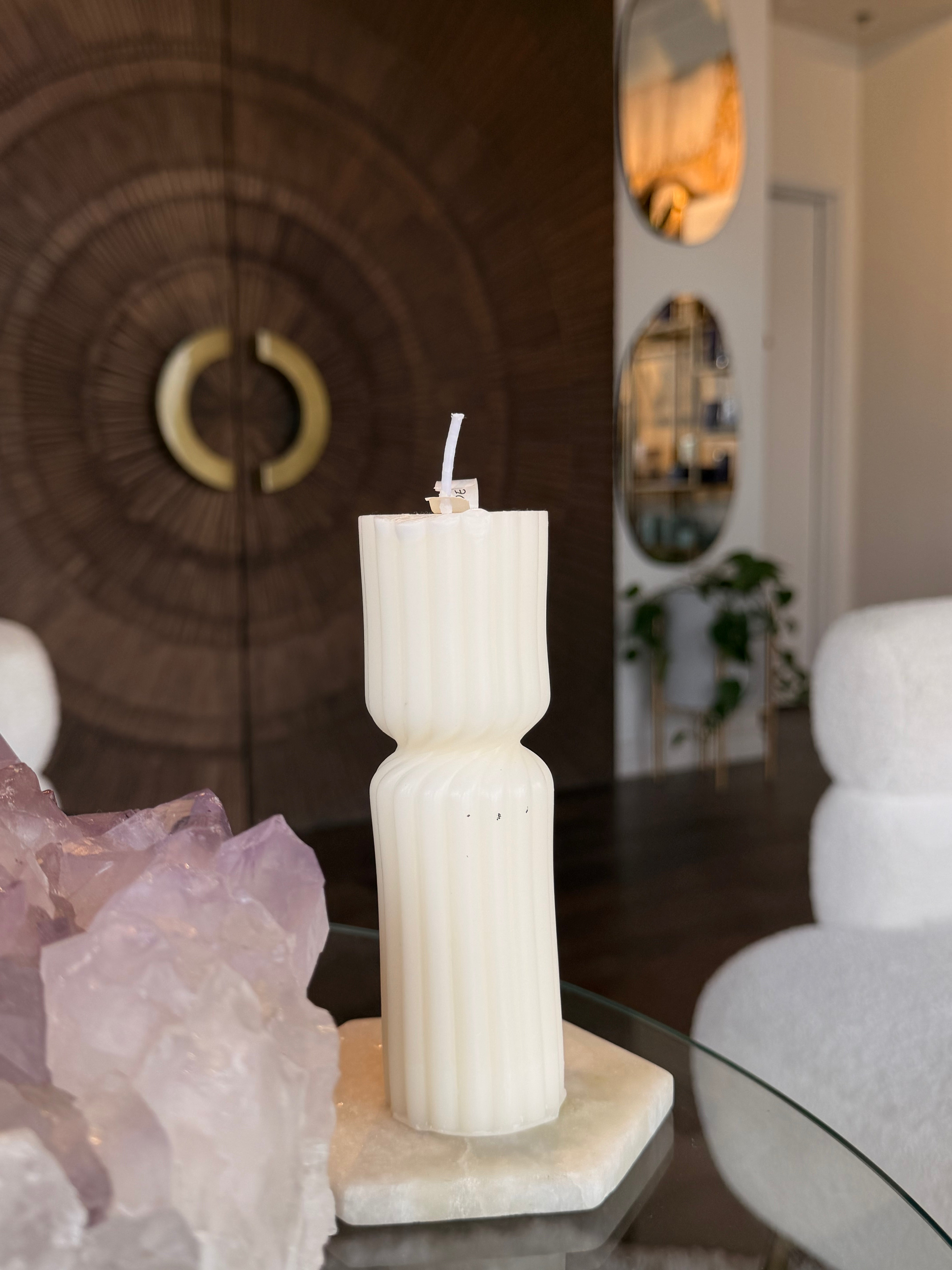 Handmade Sculptural Ivory Ribbed Candle