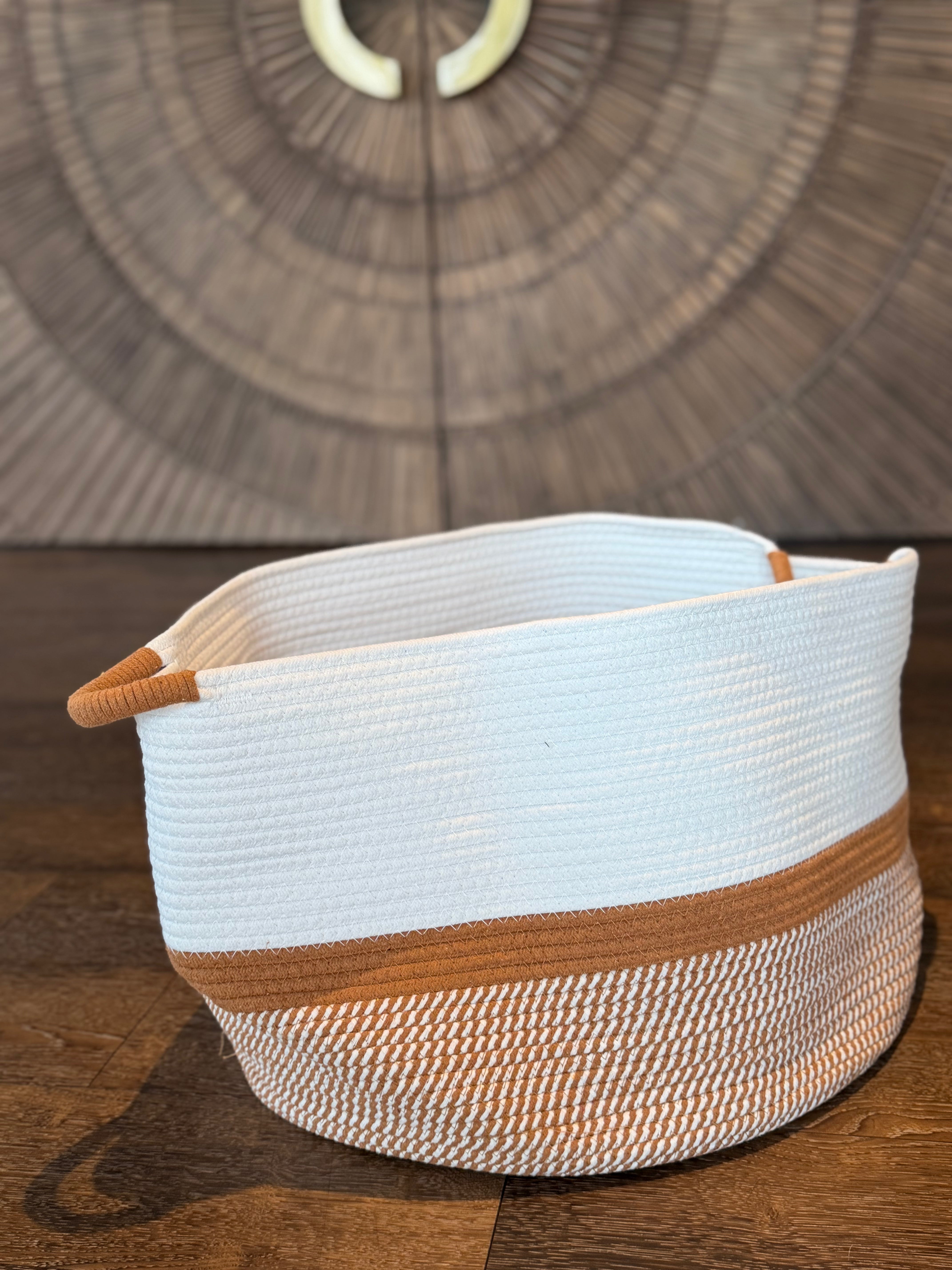 Handmade White & Tan Fabric Storage Basket