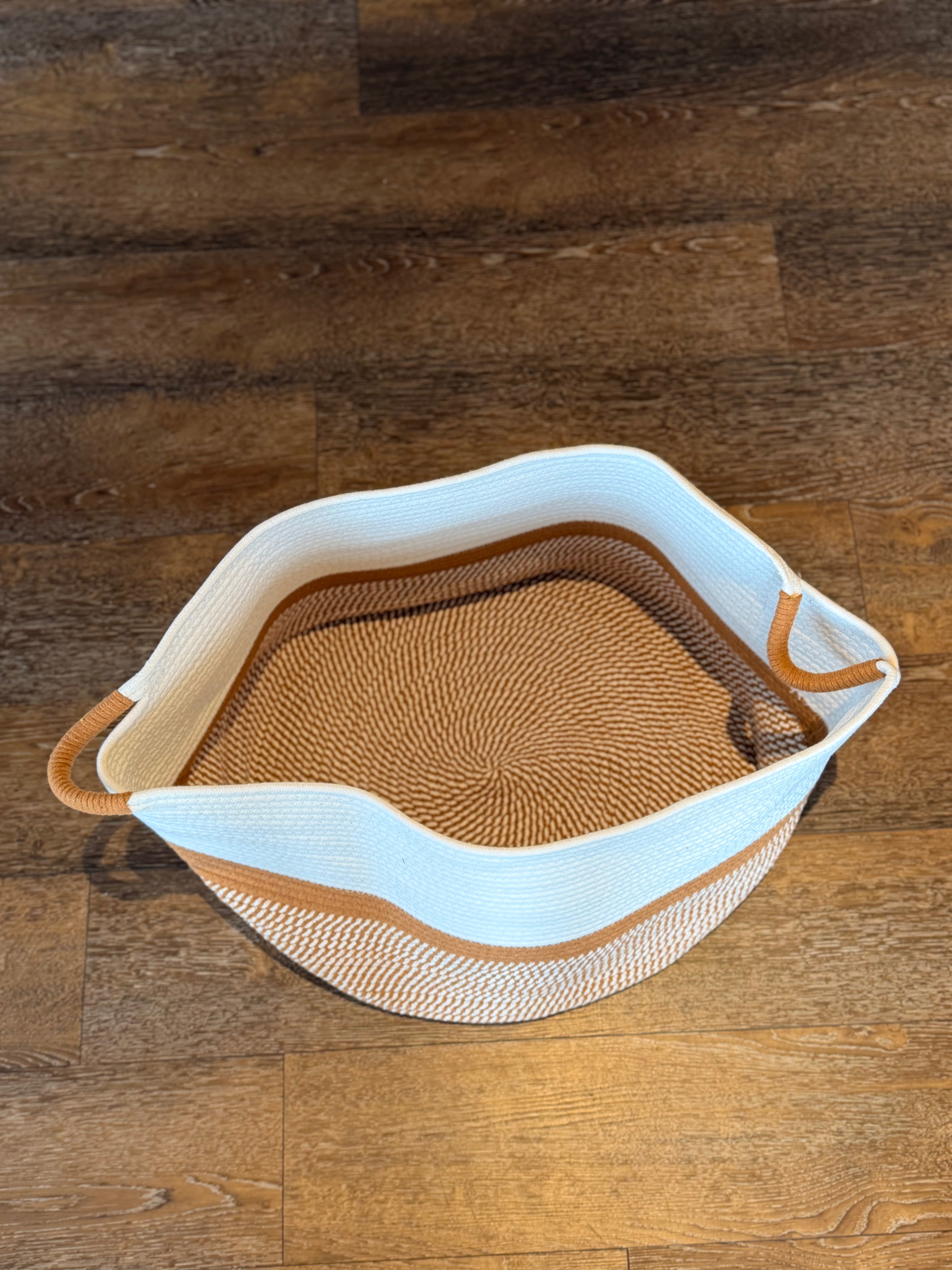Handmade White & Tan Fabric Storage Basket