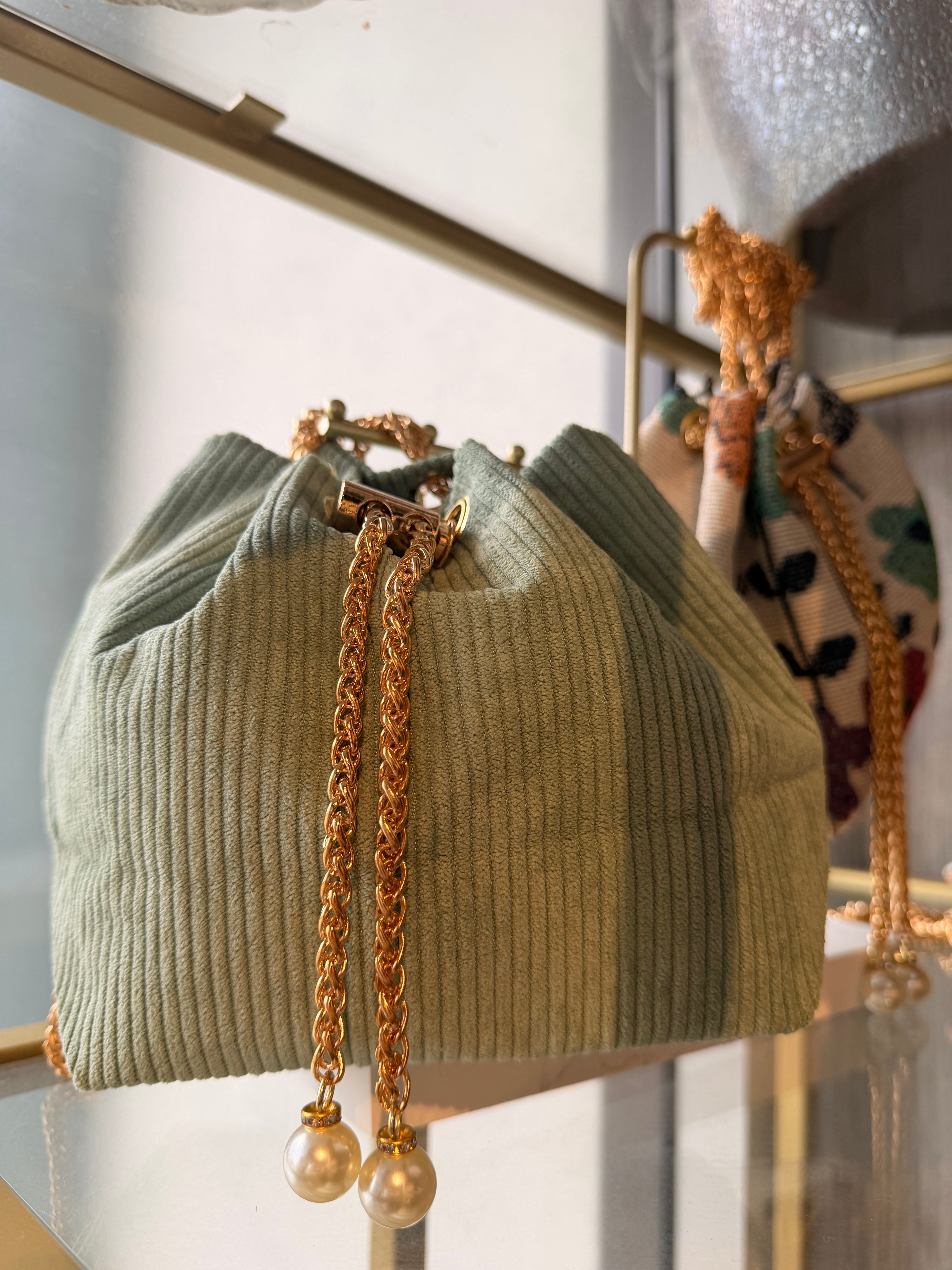 Green Corduroy Drawstring Handbag with Gold Chain & Pearl Detail