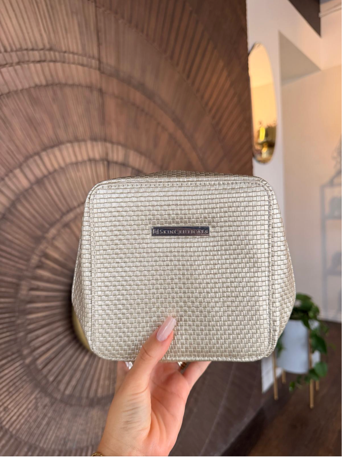 Silver textured handbag held by a hand with a blurred background